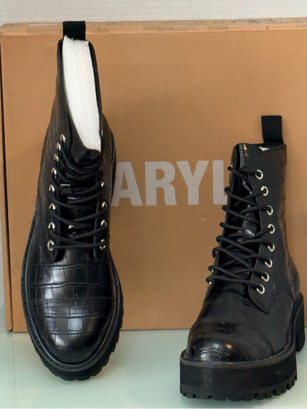 Faryl by Farylrobin Cammy Black Croc Combat Boots Lug Sole Size 8 - Picture 3 of 7